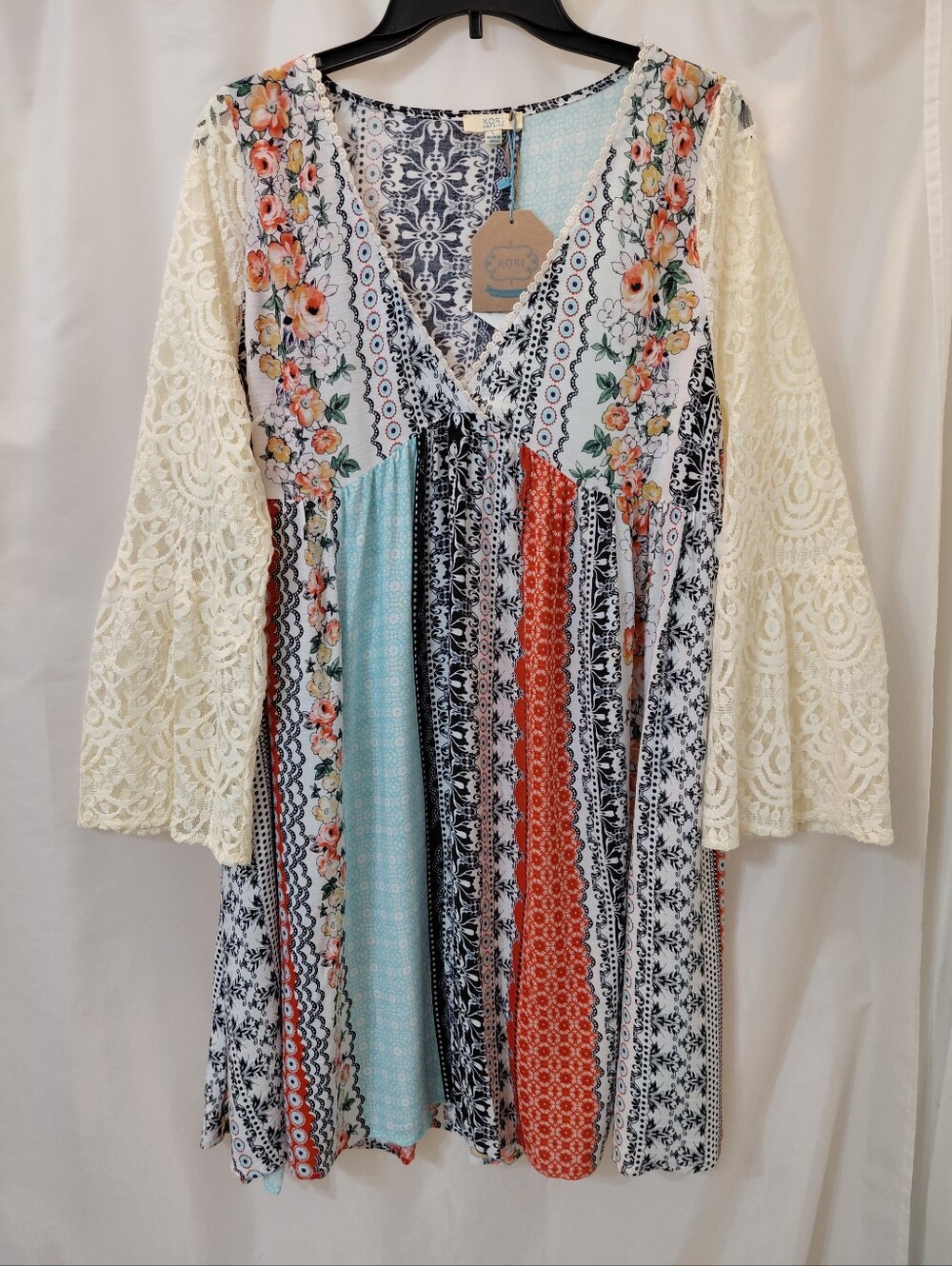 NWT Sz L Kori Boho Patchwork Print Mini Dress Cream Lace Whimsigoth